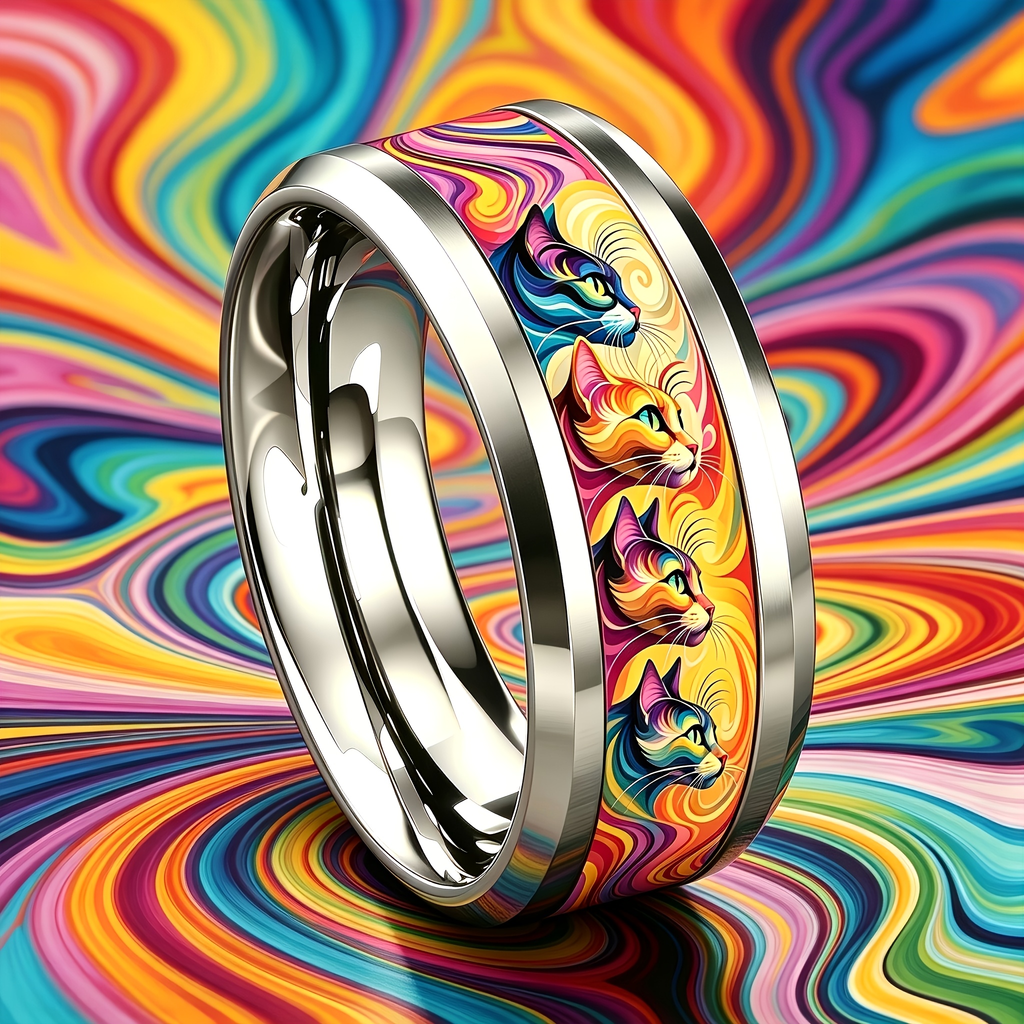 Psychedelic Vortex Rainbow Iridescent Cat 304 Stainless Steel Ring
